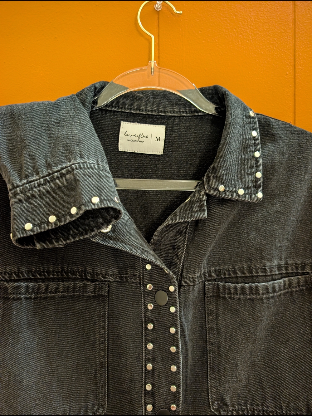 Love Fire Silver Studded Cropped Black Denim 90s Moto Biker Jacket Womens Medium - Picture 9 of 15